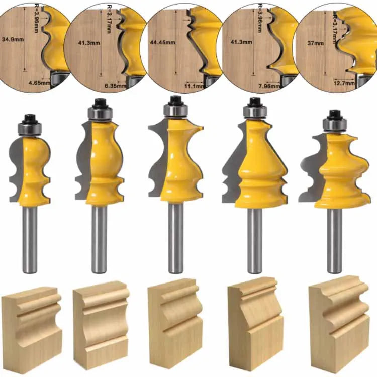 5 Bit Casing & Base Molding Router Bit Set - 8mm Shank CNC Cutter Tenon Cutter for Woodworking