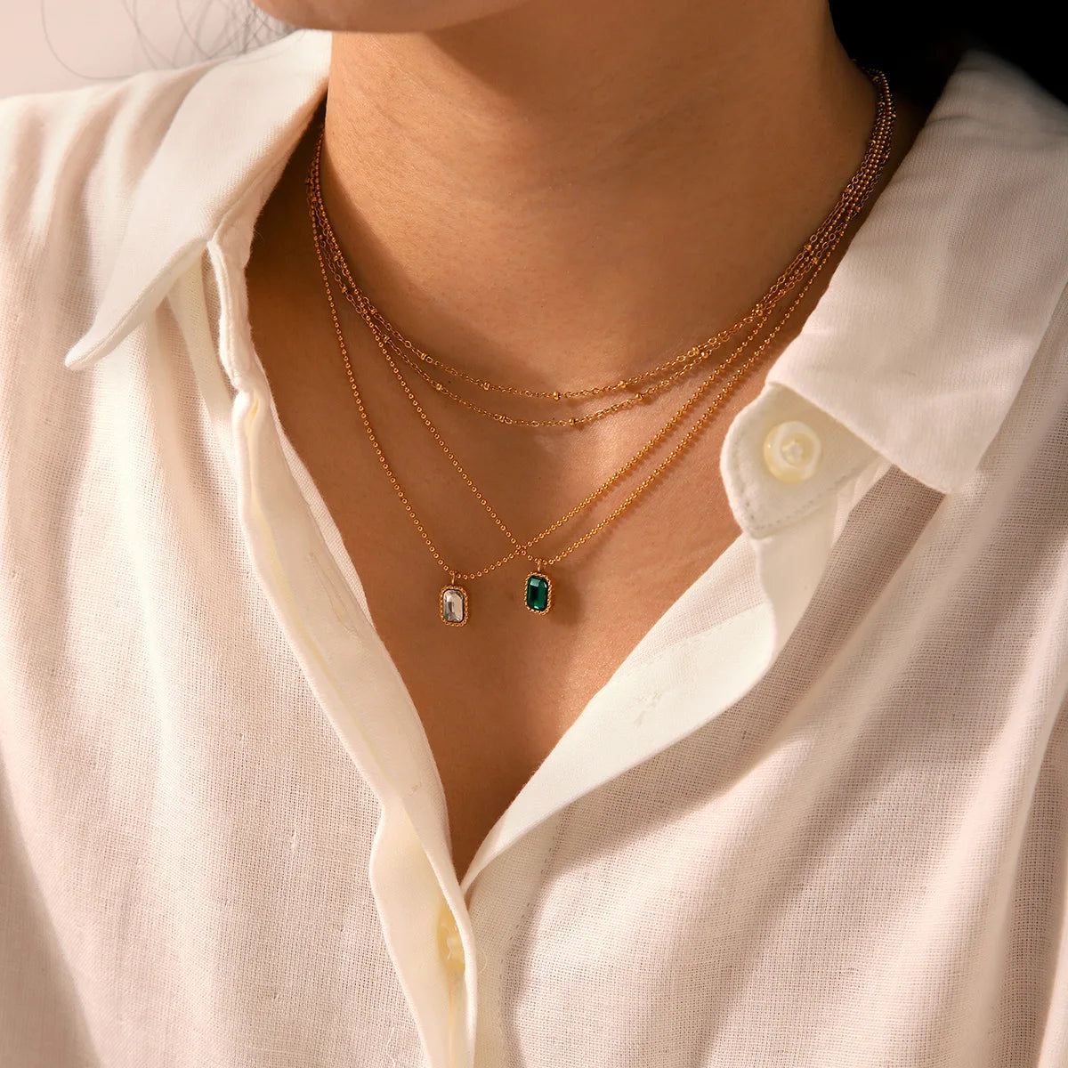 Dainty 18K Gold Plated PVD Waterproof Zircon Metal Beads Chain Stainless Steel Emerald Necklace Jewelry