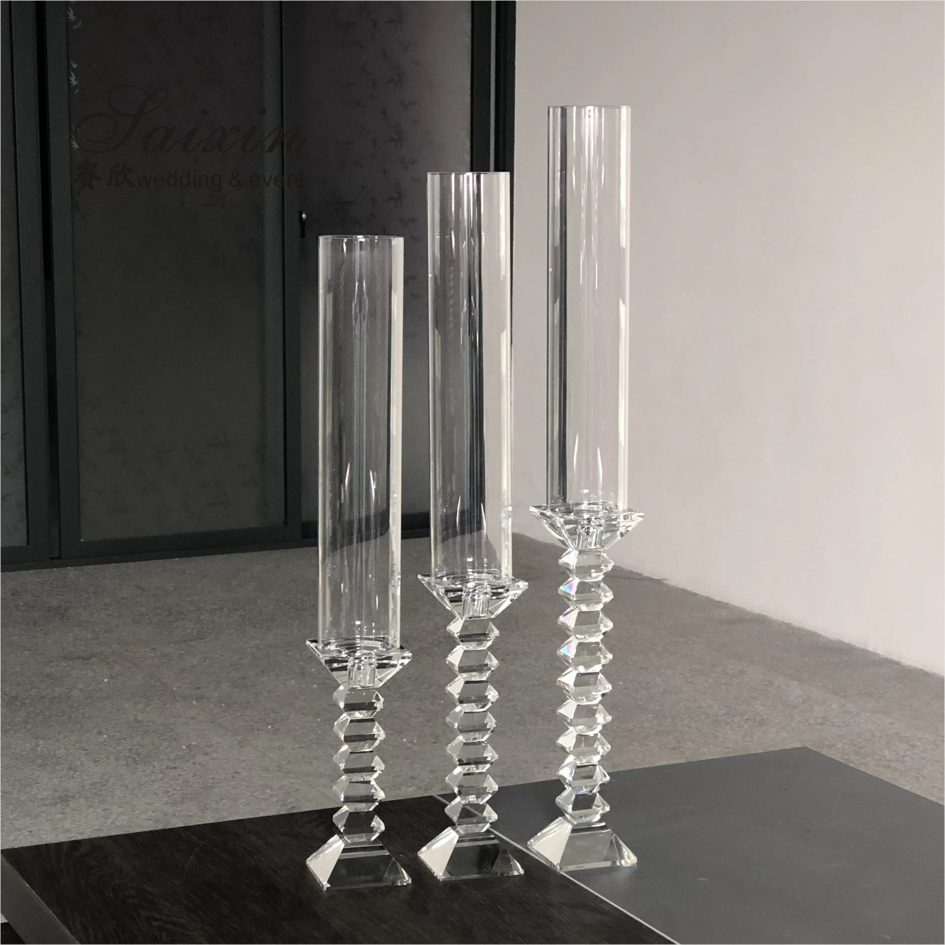 Saixin ZT-056 Set of 3 Crystal Candle Holders with Chimney Elegant Table Decoration for Weddings and Home Use