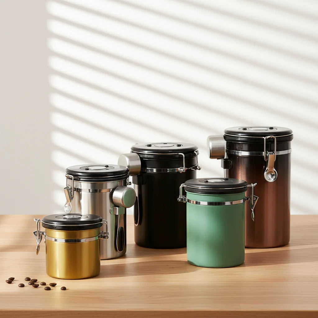 Stainless Steel Coffee Grounds and Beans Container Tea Sugar Coffee Canister with Date-Tracker CO2-Release Valve and Spoon