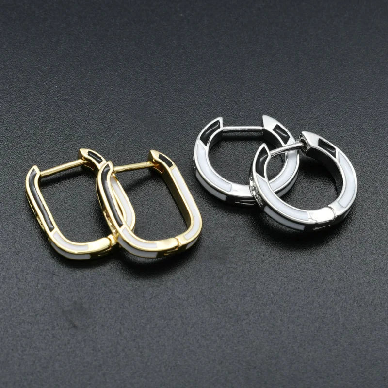 New Design Oval Shape Black White Enamel Gold Plated Fashion Women Rectangle Hoop Earrings