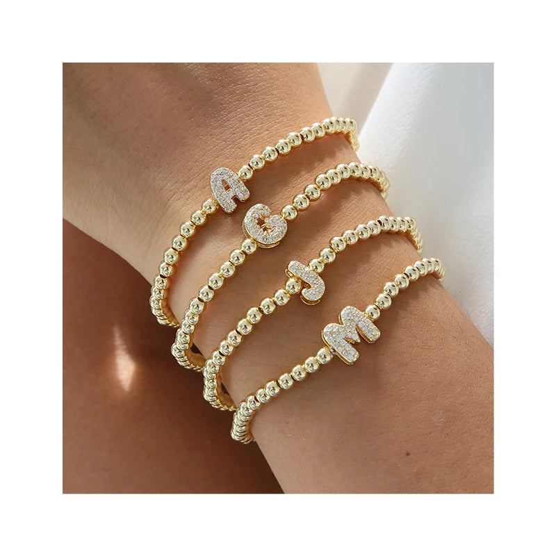 New Design Bubble Beaded Cubic Zircon Letter Bracelet Personalized 26 Letter A-Z Name Elastic Chain Gold Plated Beads Bracelet