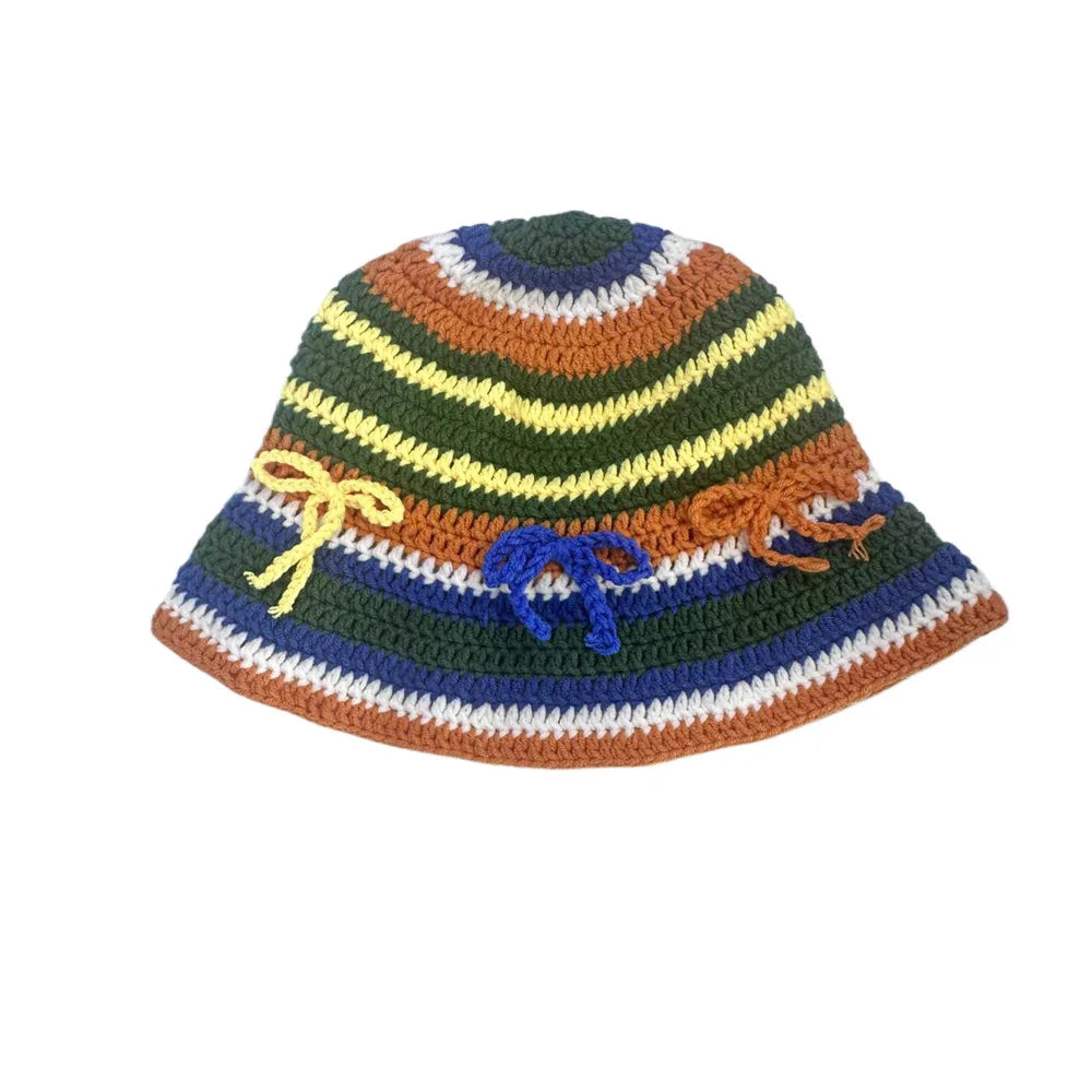 Women Striped Trendy Outdoor Handmade Crochet Hats Knitted Beanies Floppy Crochet Bucket Hats