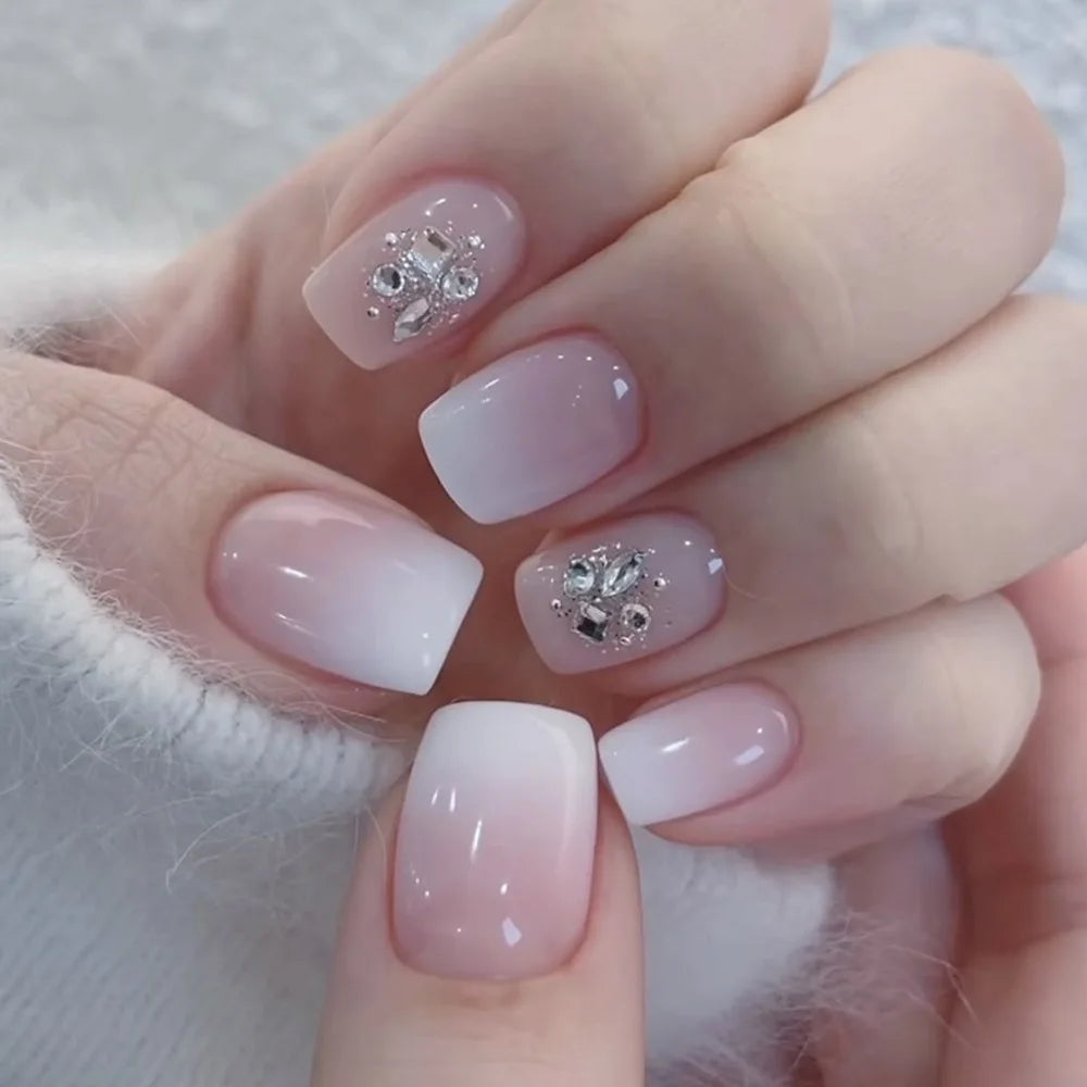 Classical Square Nail Diamond Pink Nail Tip Glossy Press on Fingernals for Daily with Glue Sticker