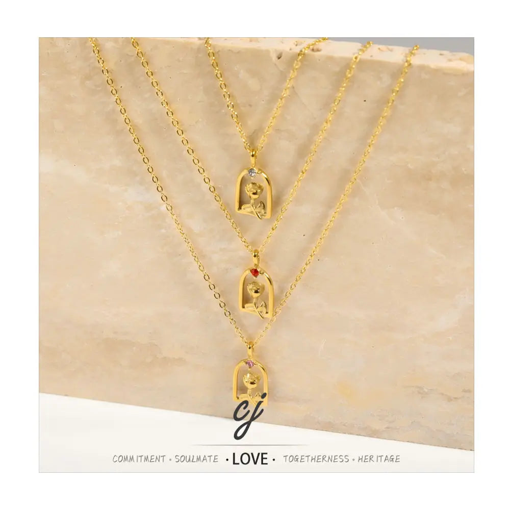 Carline Fashion Vintage Rose Flower Stainless Steel Zirconia CZ 18K Gold PVD Plated Custom Necklace Jewelry Gifts for Women
