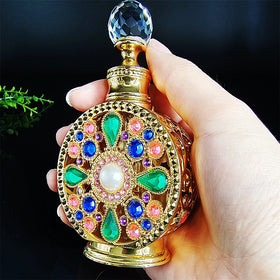 Wholesale 15ml Dubai Arab Luxury Empty Perfume Gold Green Gemstone Decorative Metal Glass Essential Oil Bottle