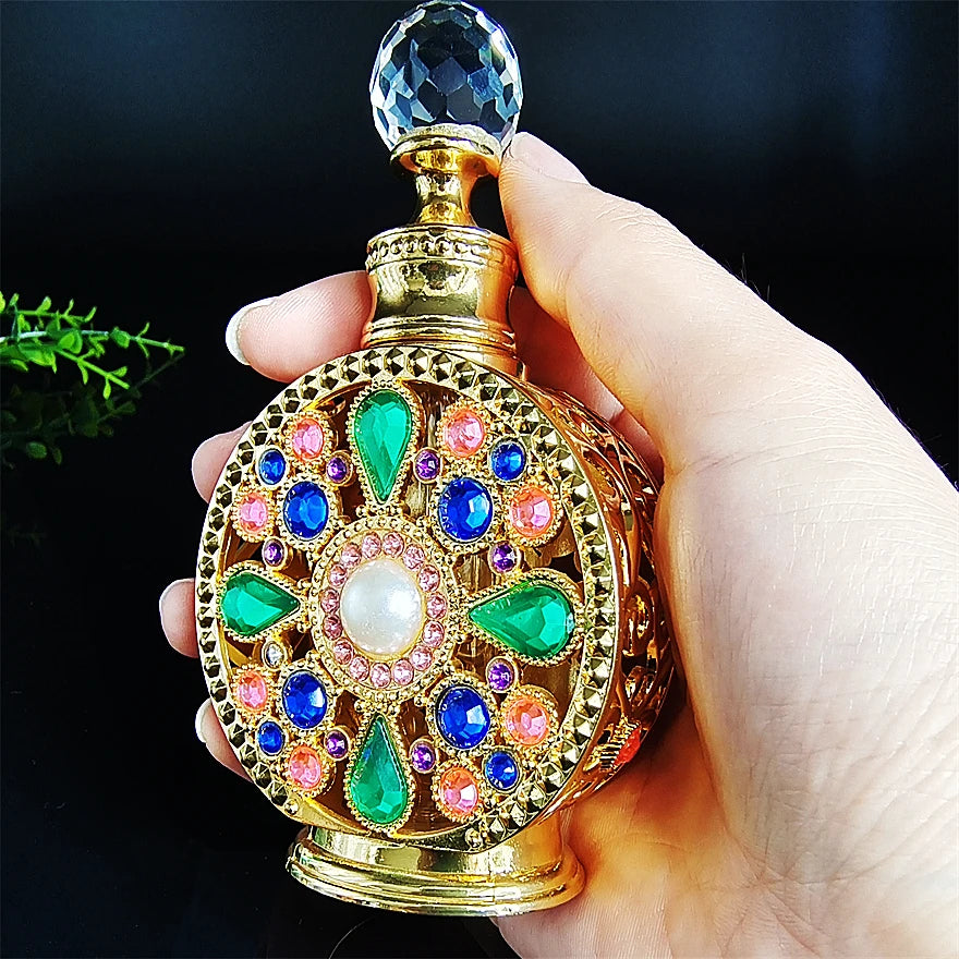 Wholesale 15ml Dubai Arab Luxury Empty Perfume Gold Green Gemstone Decorative Metal Glass Essential Oil Bottle