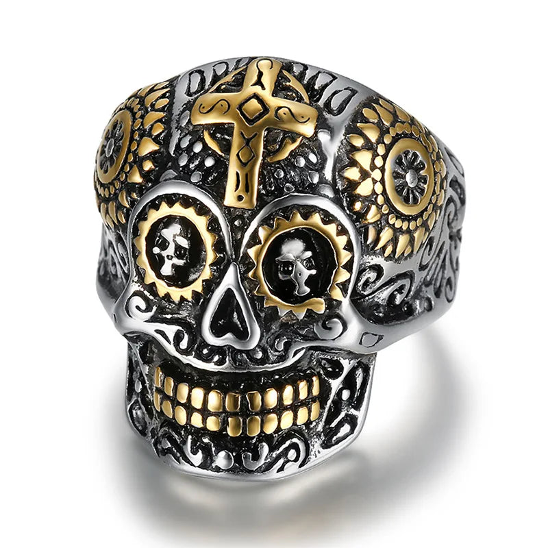 Bomei 18K Gold Plated Stainless Steel Skull Ring for Men Punk Style Mens Jewelry for Wedding Engagement Party or Anniversary