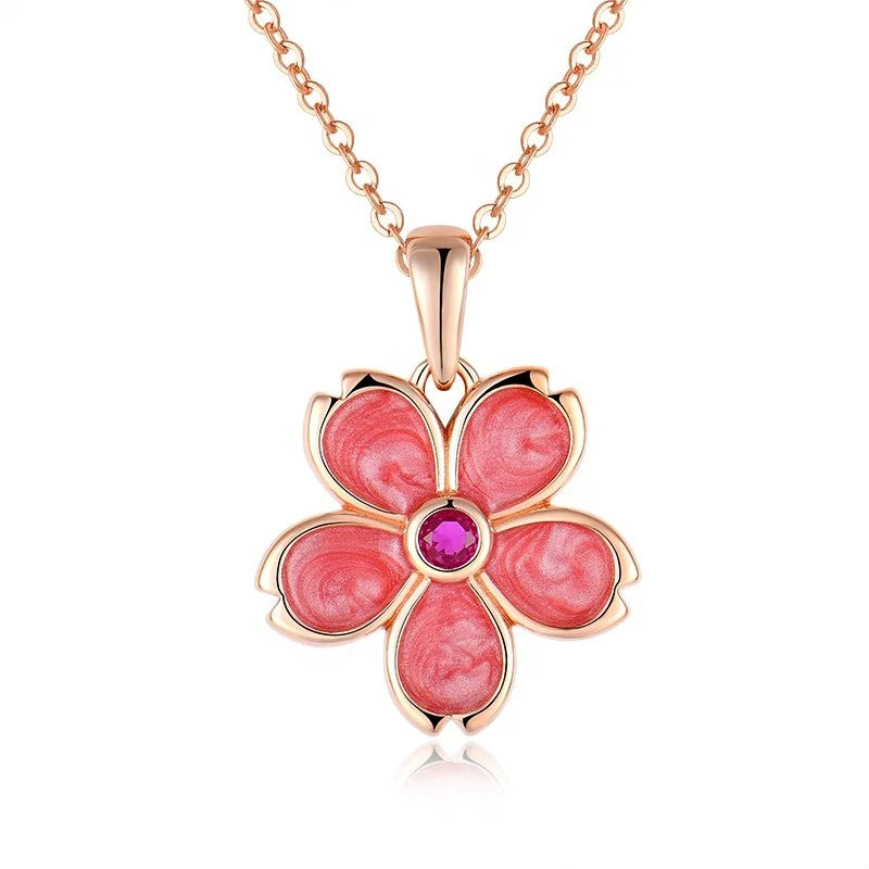 Custom 18K Rose Gold Plated Enamel Flower Pendant Necklace 925 Sterling Silver for Women and Girls