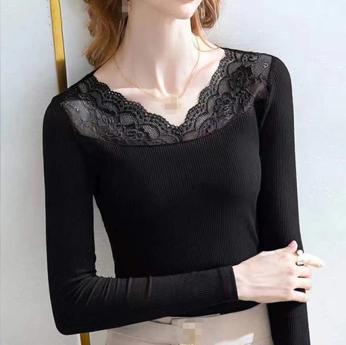 L-2XL Long Sleeved V-neck Base Shirt Women's New Lace Lace Autumn Clothing Thread T-shirt Top