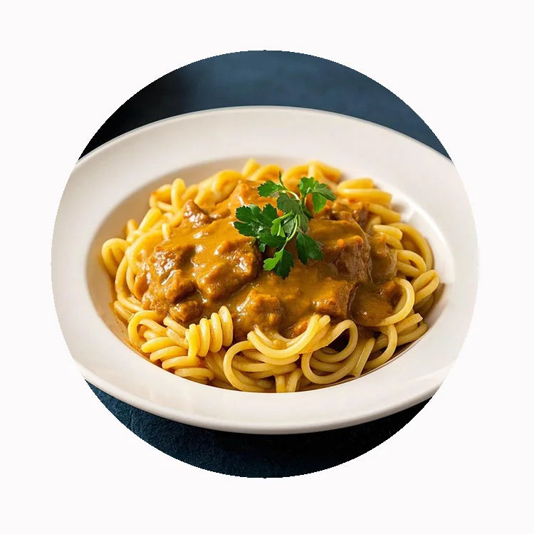 Quickly Frozen Pre-Made Curry Pasta Easy 3-Minute Preparation Conveniently Packed in Bag
