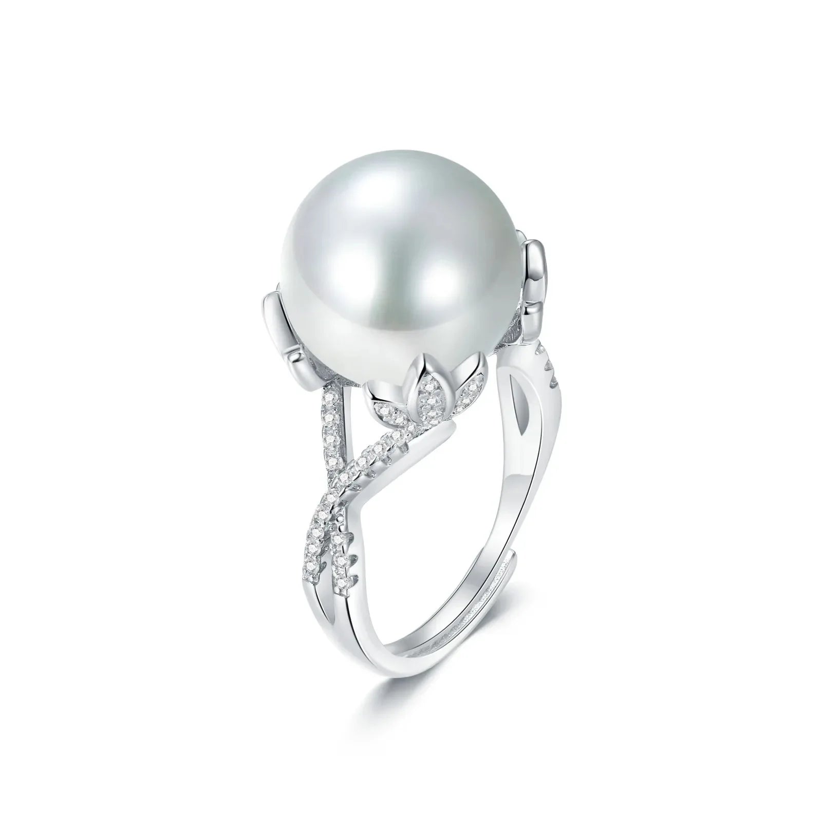 Elegant 10MM Pearl Zircon Ring 925 Sterling Silver Ring for Women Men