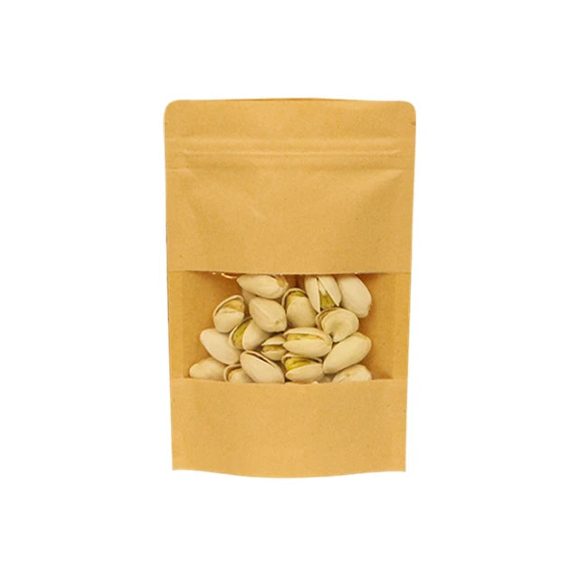 Hot Sale Biodegradable Kraft Paper Bag Clear Window Zip Lock for Nut Pet Food Chewing Gum Packing-Available Black White Brown