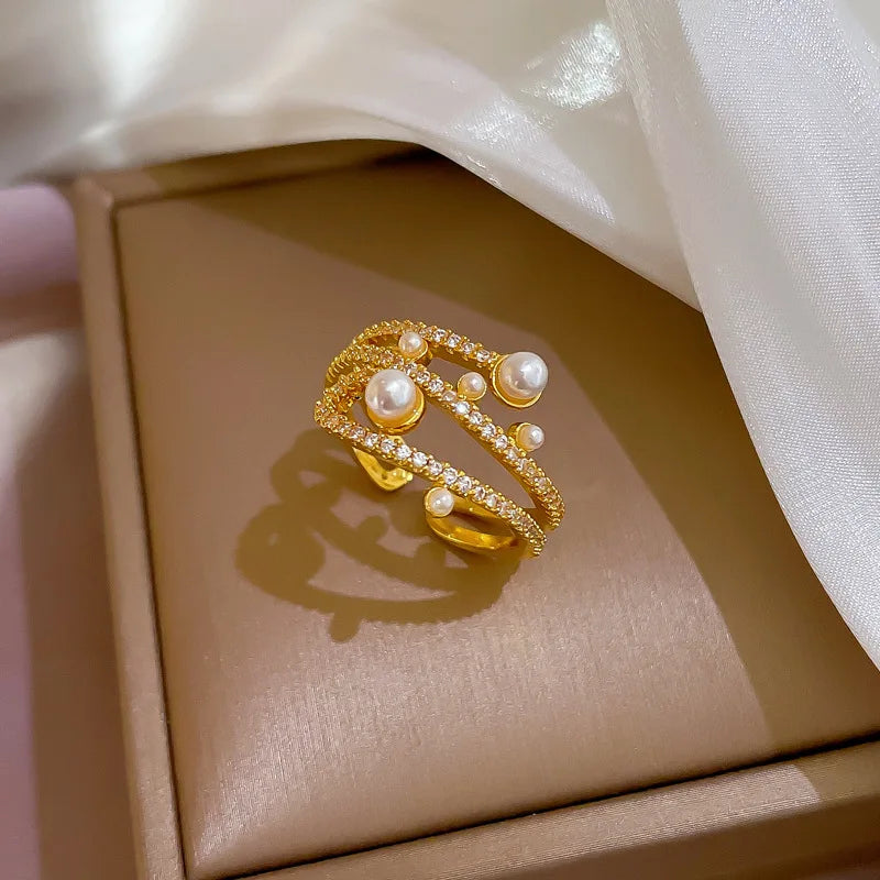 Anillo De Acero Inoxidable Layers Gold Wedding Band Ring 18K Gold Plated Open Adjustable Ring Pearl Zircon Crown Finger Ring