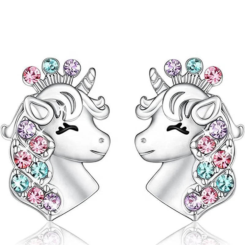Cute Zinc Alloy Hypoallergenic CZ Colorful Cubic Zircon Unicorn Stud Earrings for Little Girls Party Wedding