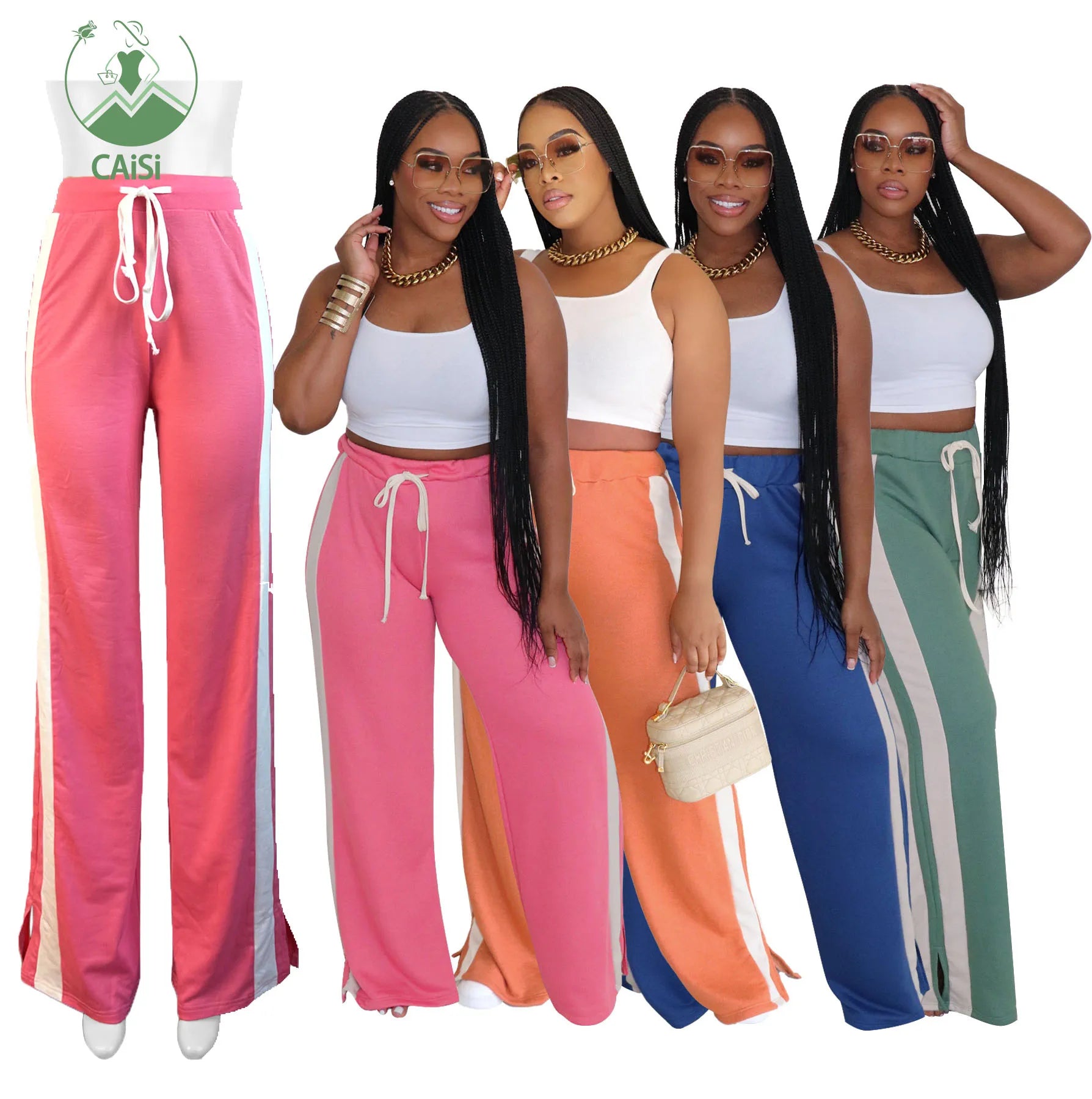 Women's Side Stiped Sweat Pants Fashion Color Block Streetwear Sweatpants Straight Loose Casual Wide Leg Pants & Tourse