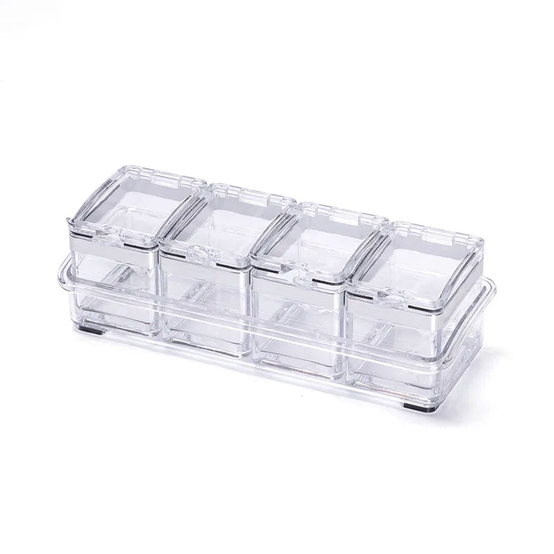 Modern Transparent Acrylic 4-Cell Spice Container with Storage Cover Spoon for Seasoning Kitchen Use Food Storage & Container