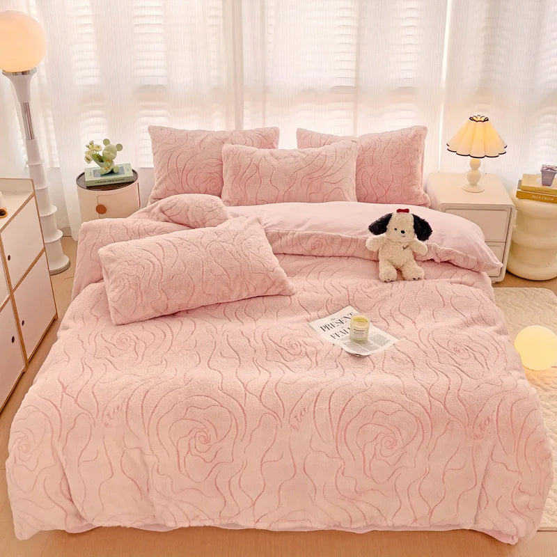 Wholesale Flower Jacquard 3D Duvet Cover Set Pink Fluffy Bedding Set Soft Warm Luxury Bedding Sets