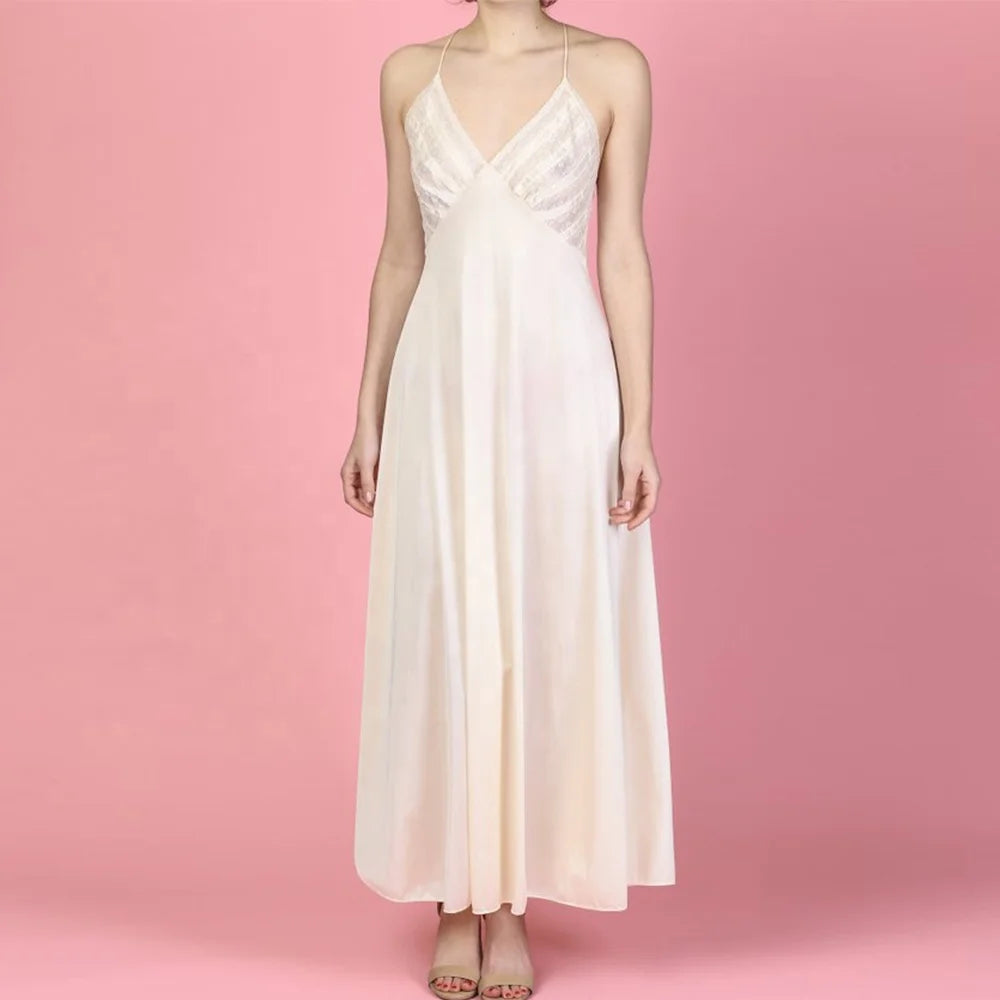 Women Night Dress Maxi Slip Nightgown Vintage Sheer Lace Chiffon Sleeping Wear Dress