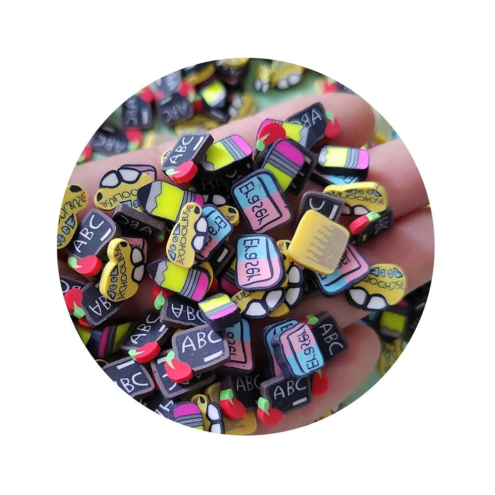 Back to School Season Polymer Clay Craft Mini Eraser Black Board Ruler Pencil School Bus Slices for Slime Doll Filler Scrapbook