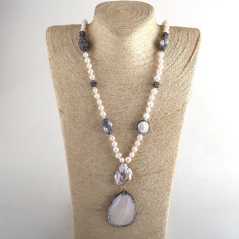 Fashion Pearl Jewelry Women Long Knotted Handmade Paved Shell Drop Necklace Irregular Freshwater Pearl Necklace