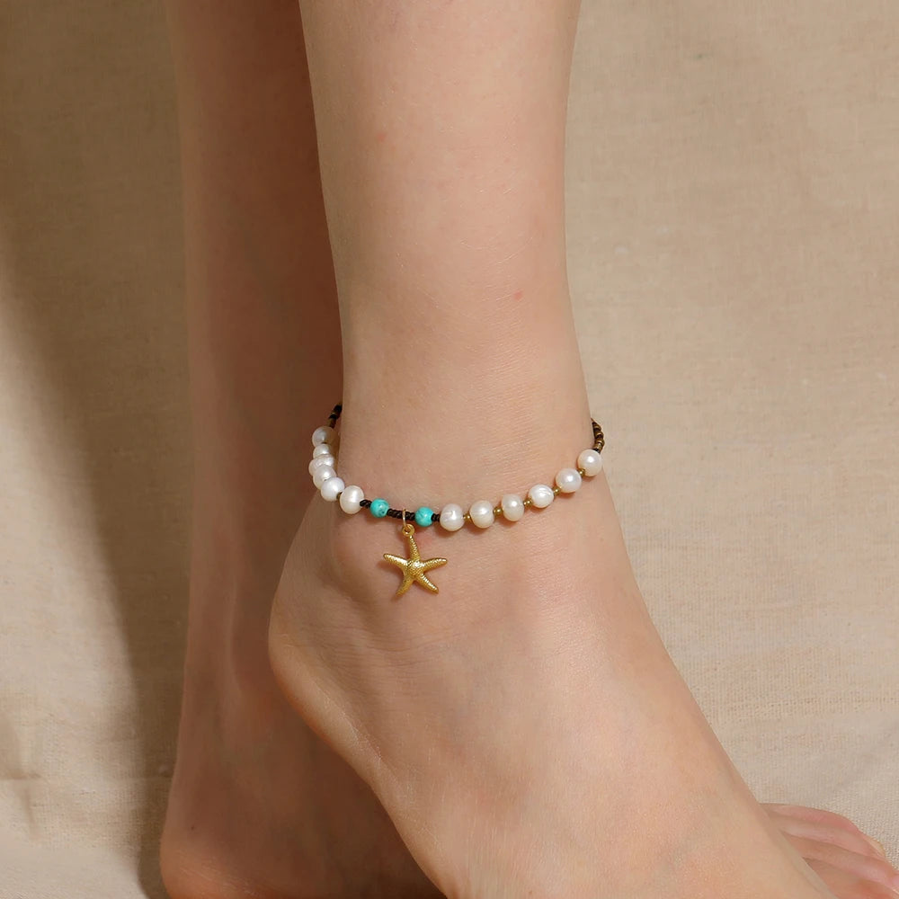 Latest Bohemian Style Freshwater Pearl Anklets Handmade Wax Rope Jewelry Copper Star Charm for Girls Beach Fashion Accessory
