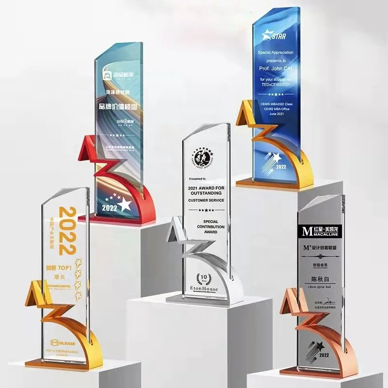 Crystal Glass Trophy Metal Gold Silver Bronze Award Enterprise Employee Annual Meeting Award Sublimation Crystal Trophy
