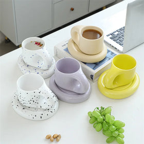 2022 Handmade Pot Belly Speckled Unglazed Bottom Fat Splash Ink Ceramic Mug Saucers Ceramic Porcelain Mug Big Ears Handle
