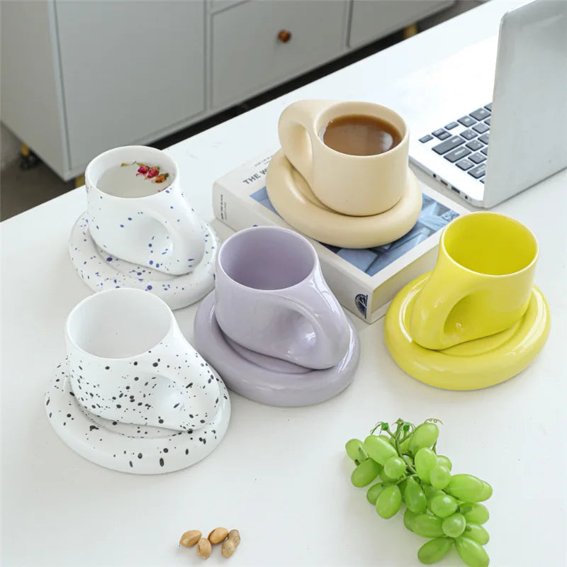 2022 Handmade Pot Belly Speckled Unglazed Bottom Fat Splash Ink Ceramic Mug Saucers Ceramic Porcelain Mug Big Ears Handle