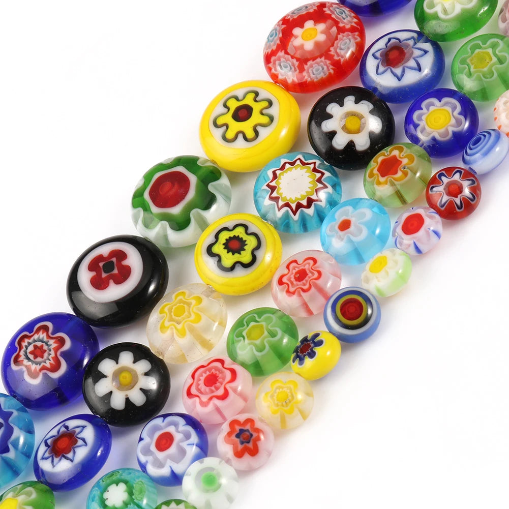 Wholesale 6/8/10/12MM Mixed Color Flat Flower Patterns Millefiori Lampwork Crystal Glass Beads 38cm Strand Jewelry DIY Necklace