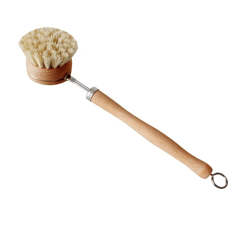 Sisal Hemp Cleaning Brush Wooden Long Handle Kitchen Pot Brushes