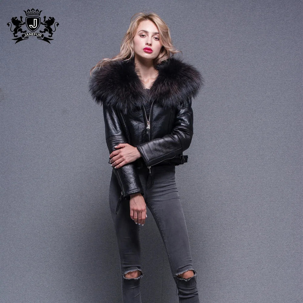 Multi Size Janefur Ladies Genuine Leather Jacket With Real Fur Double Face Leather Jacket