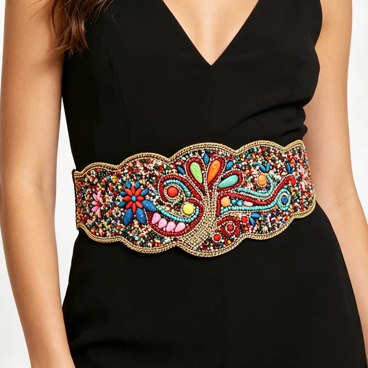 Bohemian Beads Flower Tree Women's Wide Elastic Chain Belt Alloy Belly for Wedding Engagement Ethnic Statement for Girls Women