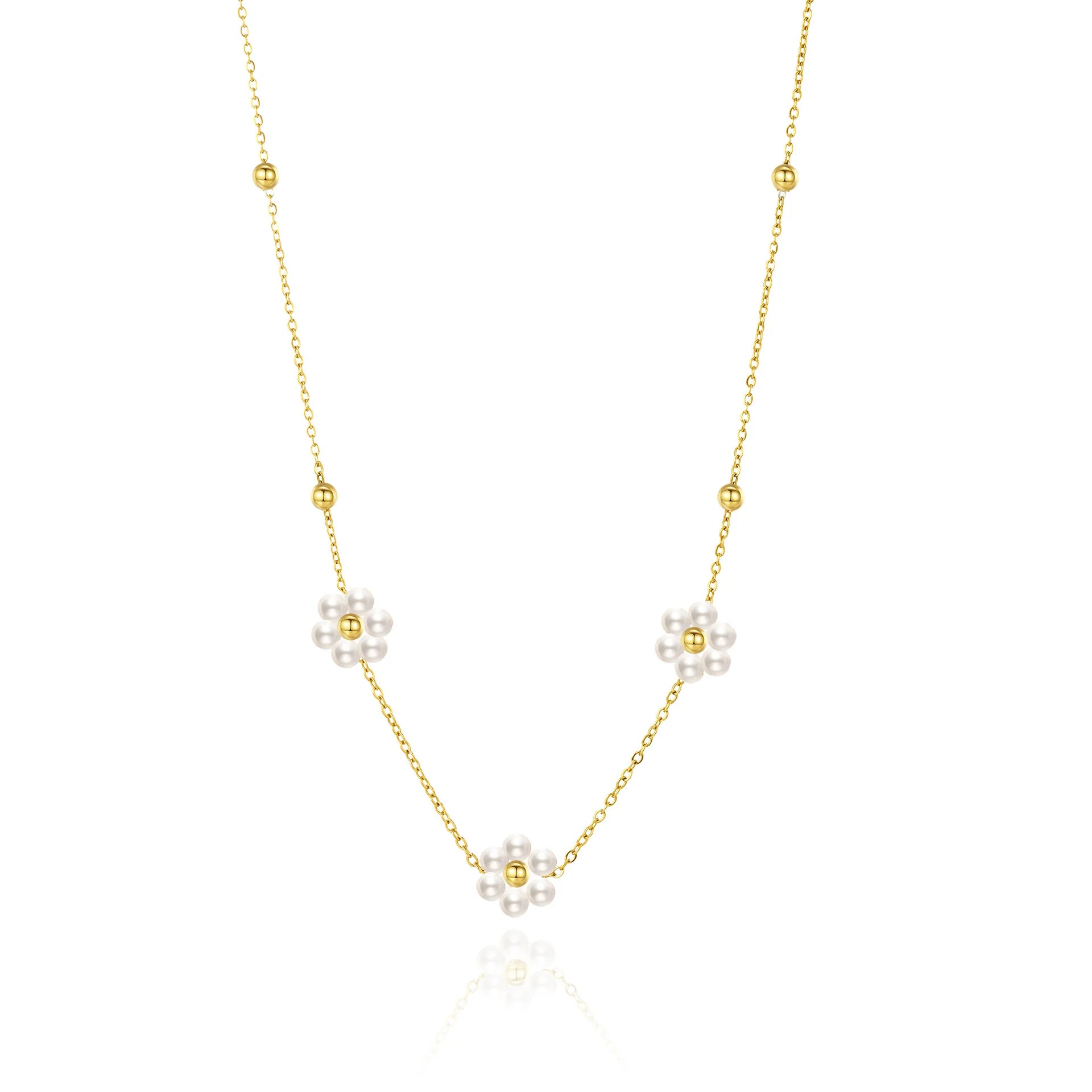 Fashion Simple Personality 14K Gold 8 Pearls Ladies Stainless Steel Flower Necklace and Bracelet Jewelry Set