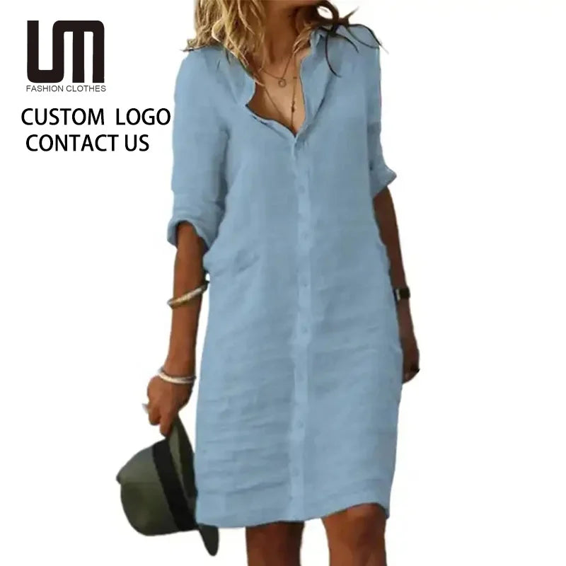 Liu Ming Custom Wholesale Hot Products Vintage Summer Women Clothing Casual Cotton Polyester Solid Color Shirt Dresses