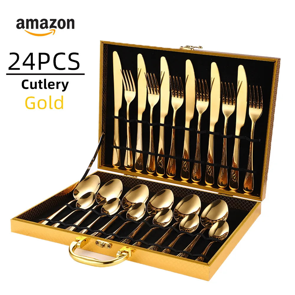 Party Wedding Gold Restaurant Stainless Steel Cutlery 24pcs Set With Case