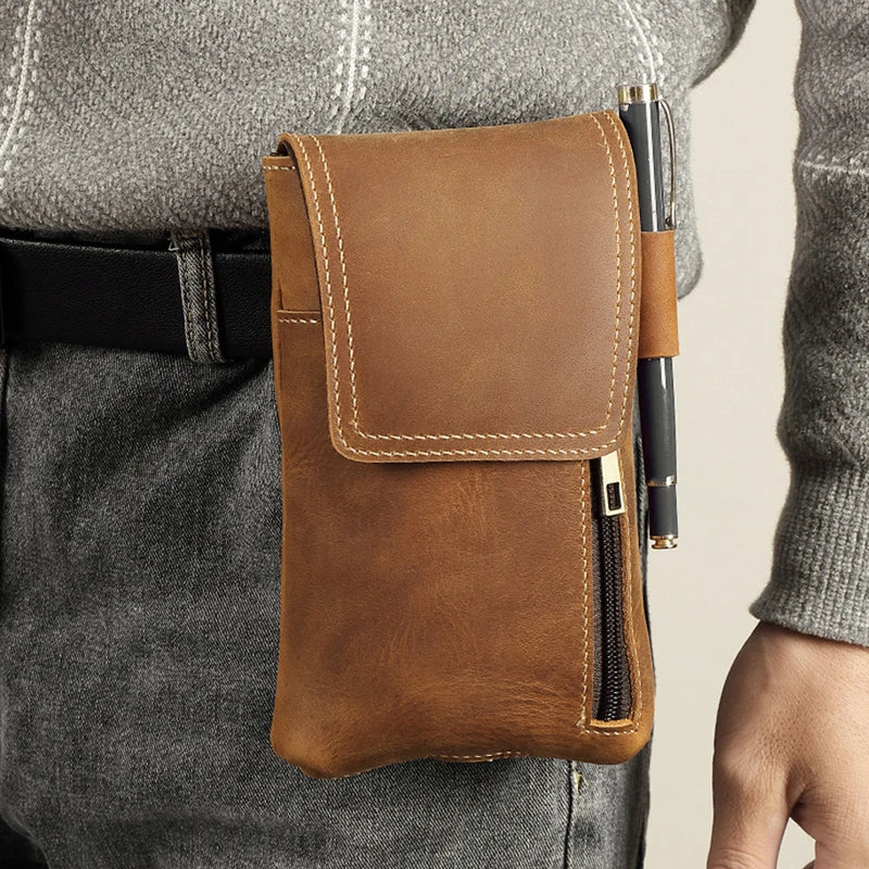 European American Retro First-Layer Cowhide Men's Waist Bag Multi-Functional Vertical Mobile Phone Protective Bag Waist Bag