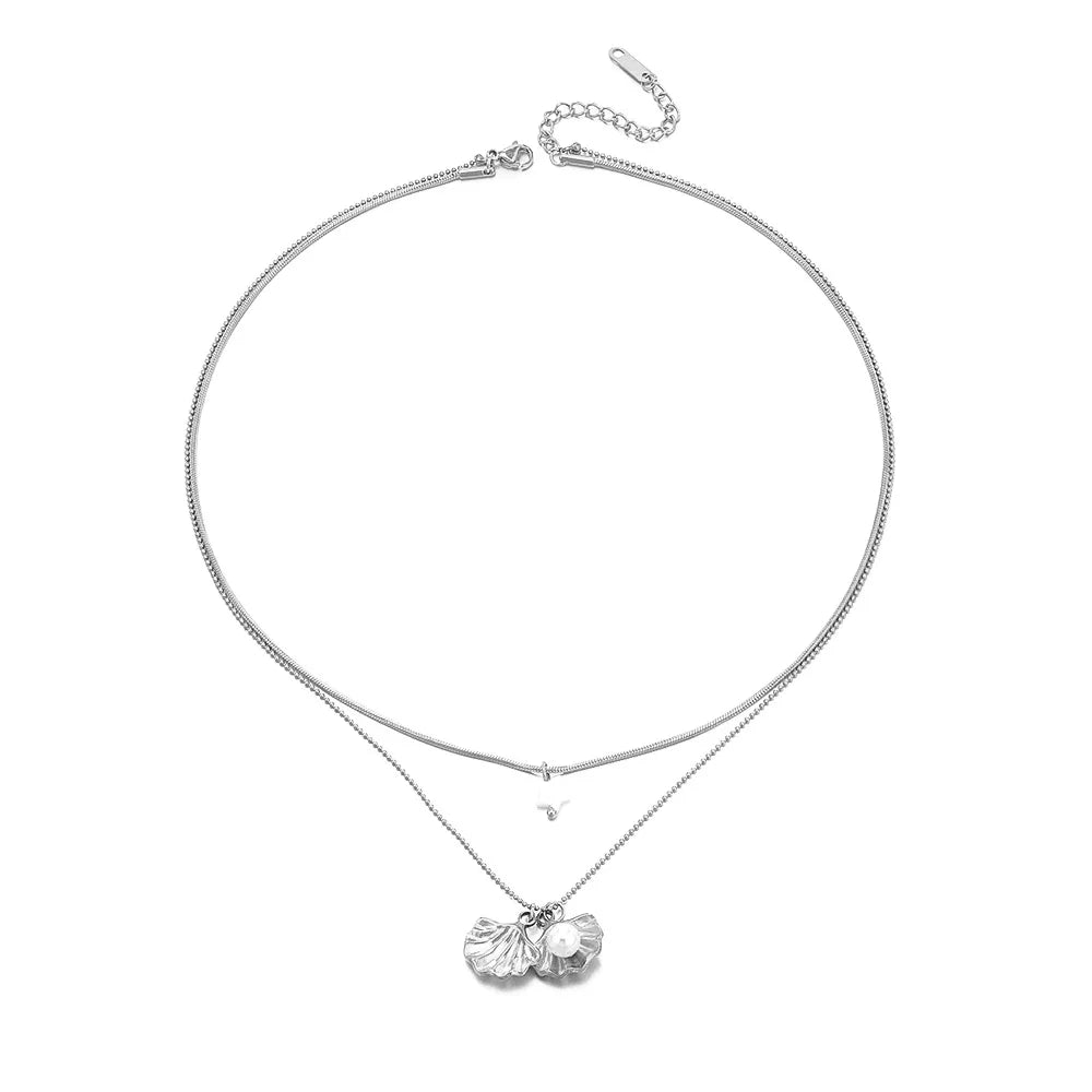 Bohemian Hypoallergenic Stainless Steel 14K Gold Plated Star Pendant Double Layered Boho Pearl Shell Necklace for Women