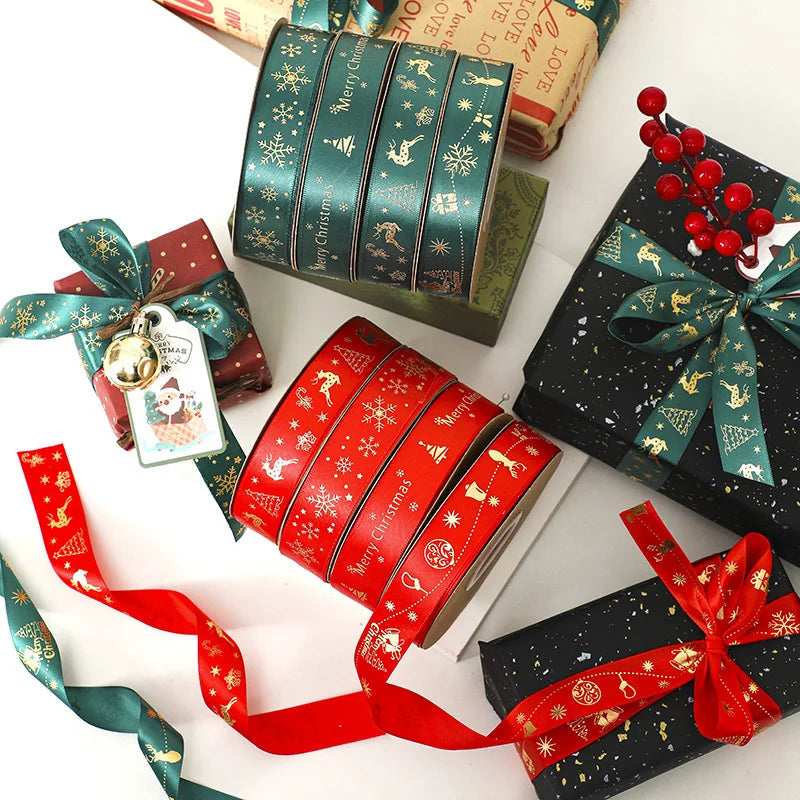 Custom Gold Logo Embossed Satin Ribbon Printed Polyester Ribbon for Christmas Gift Packing