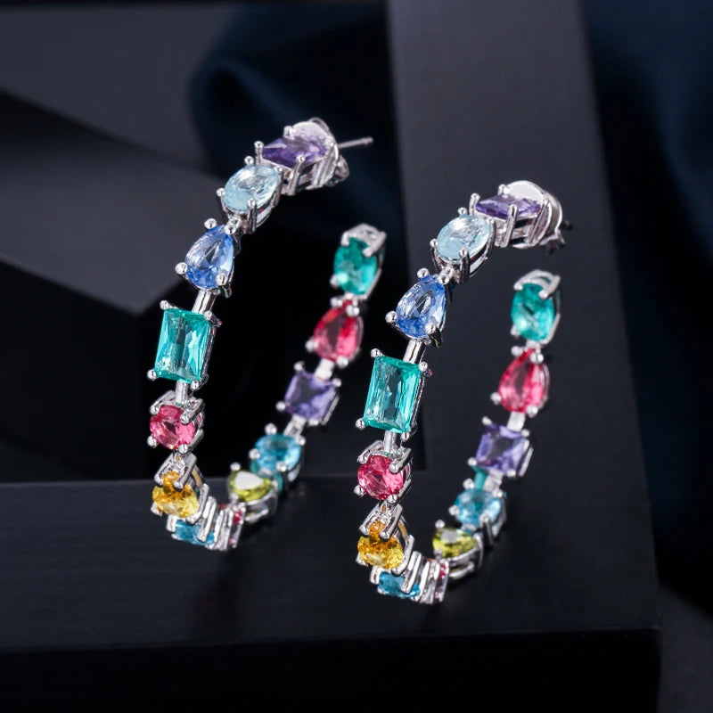 Trendy American Cubic Zirconia Crystal Multicolored Silver Plated Big Hoop Earrings Circle Round Design Women Ear Jewelry