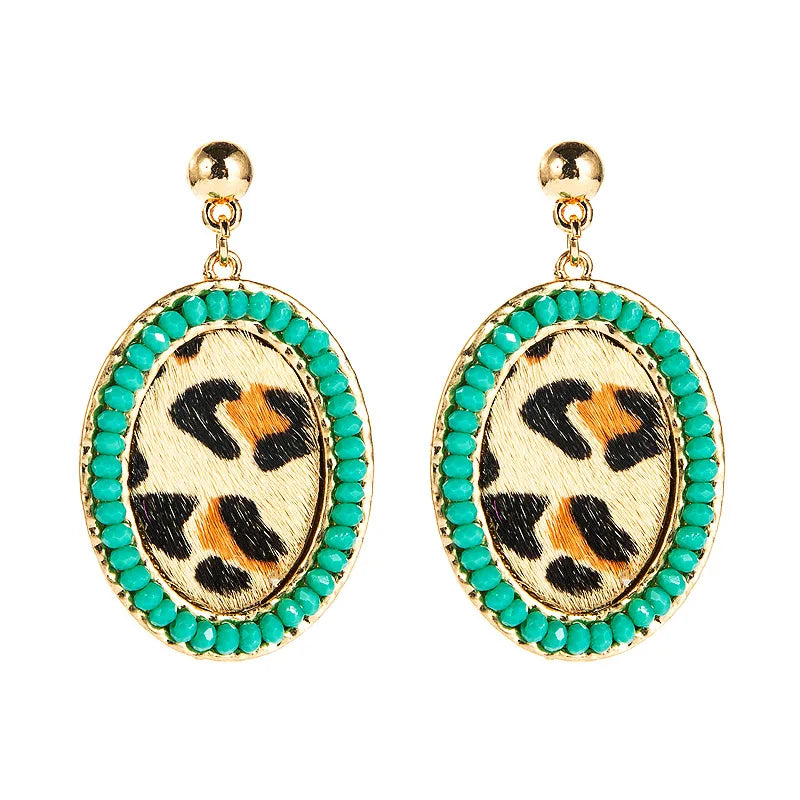 Bohemia Ethnic Leopard Turquoise PU Leopard Print Ladies Dangle Earrings Women