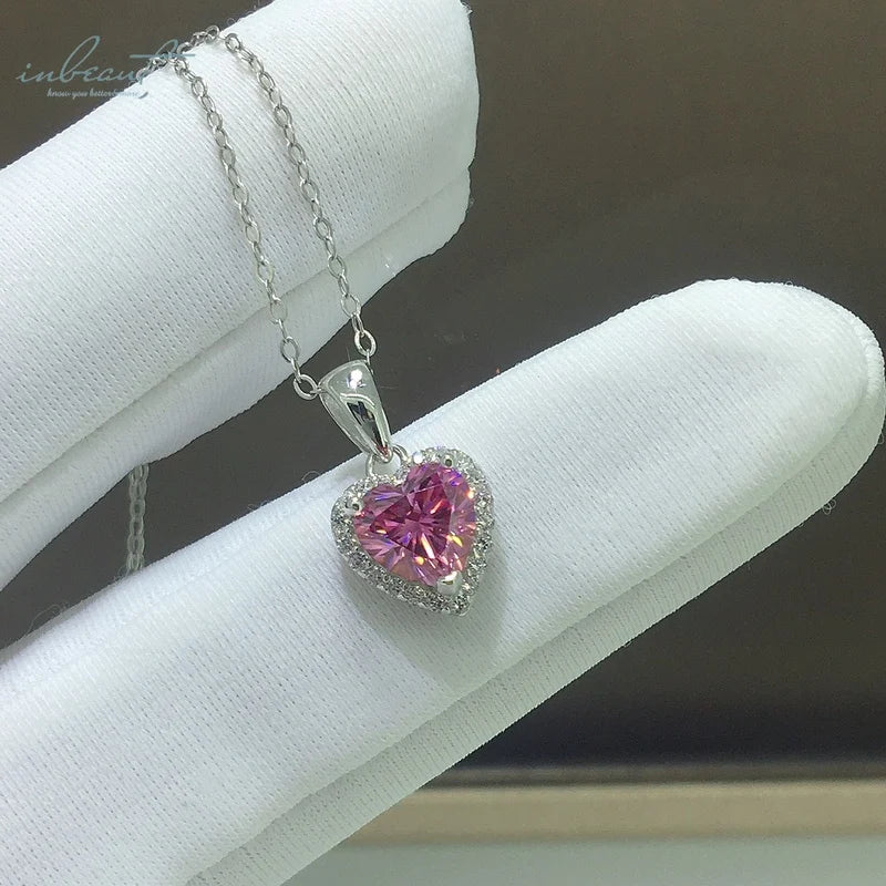 Silver 925 Original 2 Carat Brilliant Cut Diamond Test Past Pink Heart Shaped Moissanite Pendant Necklace for Women Fine Jewelry