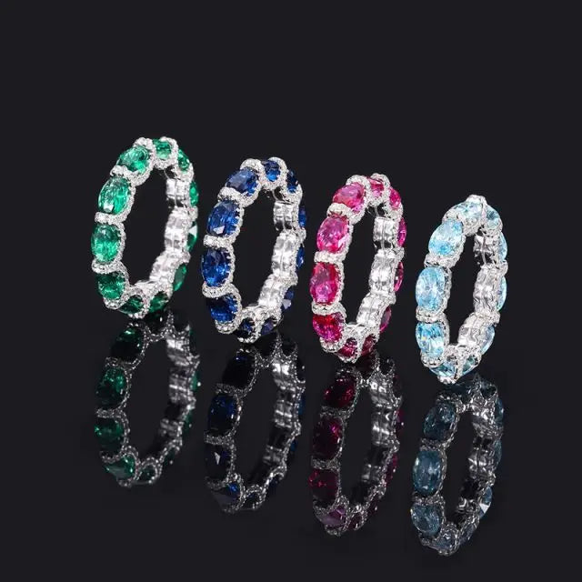 925 Sterling Silver Stackable CZ Cubic Zirconia Ring 6x4mm Oval-Cut Eternity Band Classic Rhodium Plated for Wedding and Party