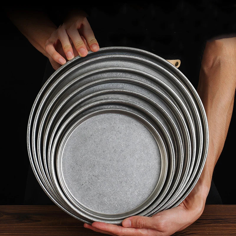 Korean Style Vintage Dinner Plates Stainless Steel Dining Plate Old Design Serving Dishes Cake Tray Western Steak Round Tray