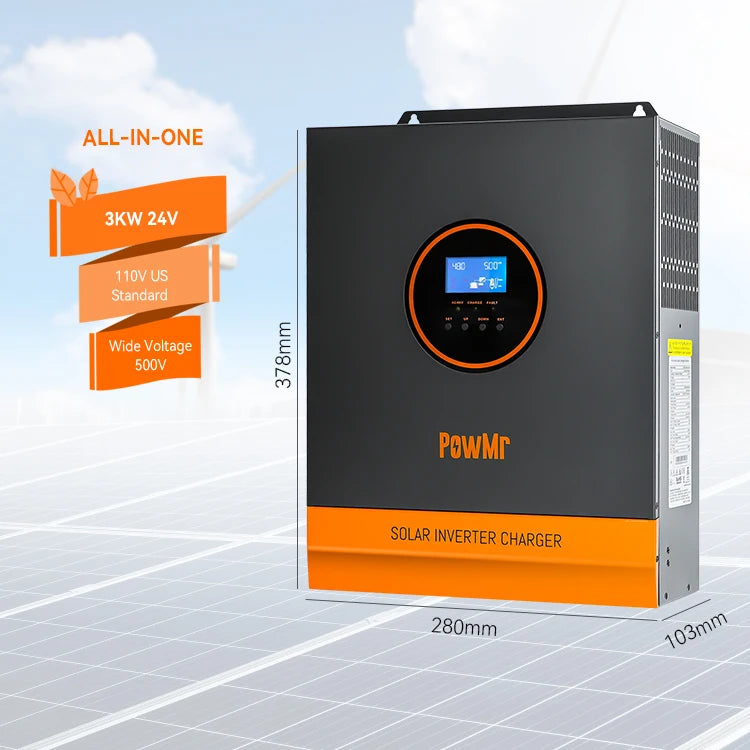 PowMr 24V DC to 110/120V AC Solar Inverter 3KW 120~450Vdc Wide Voltage Off Grid Single Phase Solar Inverter