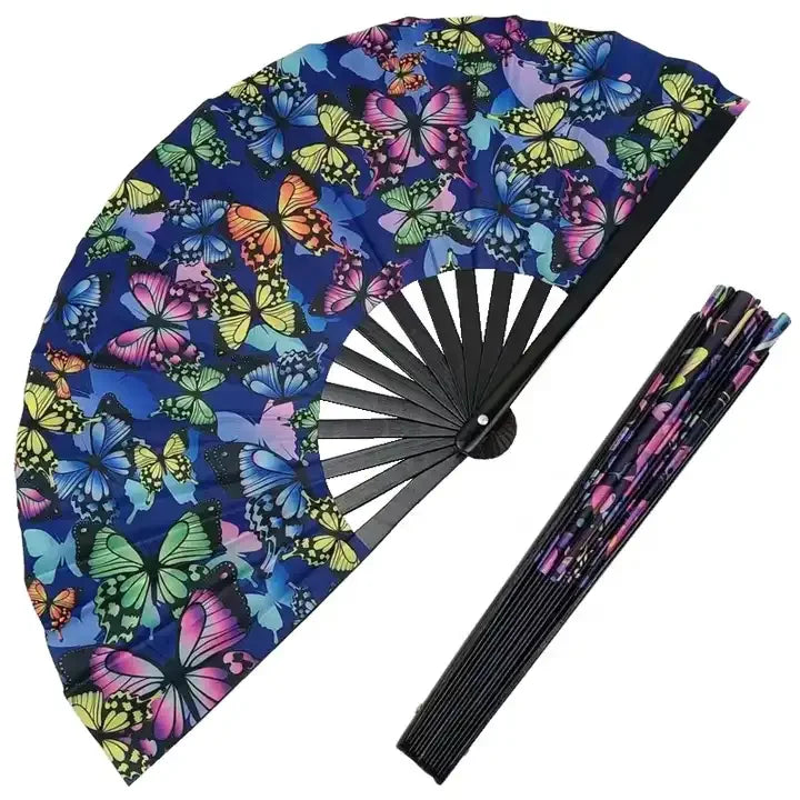 FAREA 33cm NEW ARRIVAL UV butterfly Mushroom Folding Fan UV Glow Clack Fan for EDM Music Festival Club Event