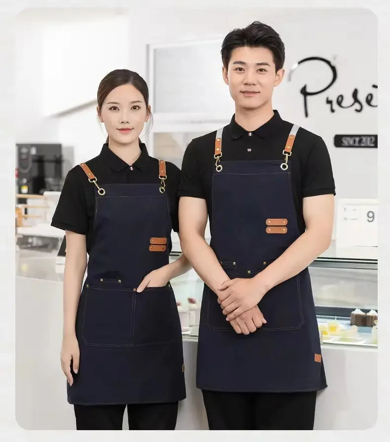 Custom Printed Logo Waterproof and Oil-Proof Canvas Server Half Short Aprons With Pockets