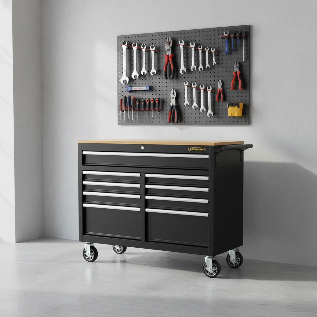 9 Drawers Black Metal Heavy Duty Tool Storage Roller Chest Workbench with Solid Wooden Top