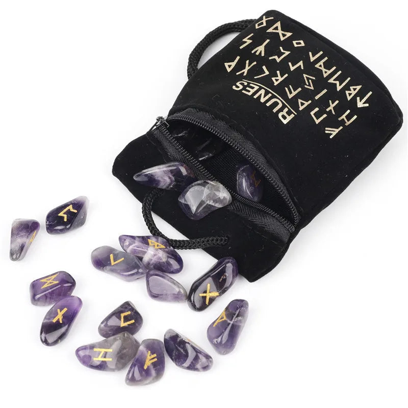 Gems Amethyst Rune Stones Set Engraved Pagan Lettering with Instruction Booklet and Velvet Pouch