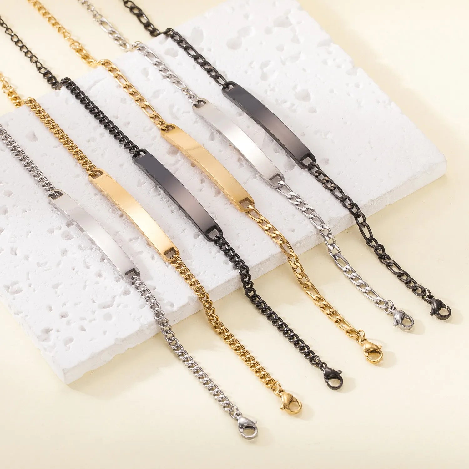 Wholesale Stainless Steel Curb Chain Bracelet Hypoallergenic Gold Silver & Black Plated NK Bracelets for Women & Men